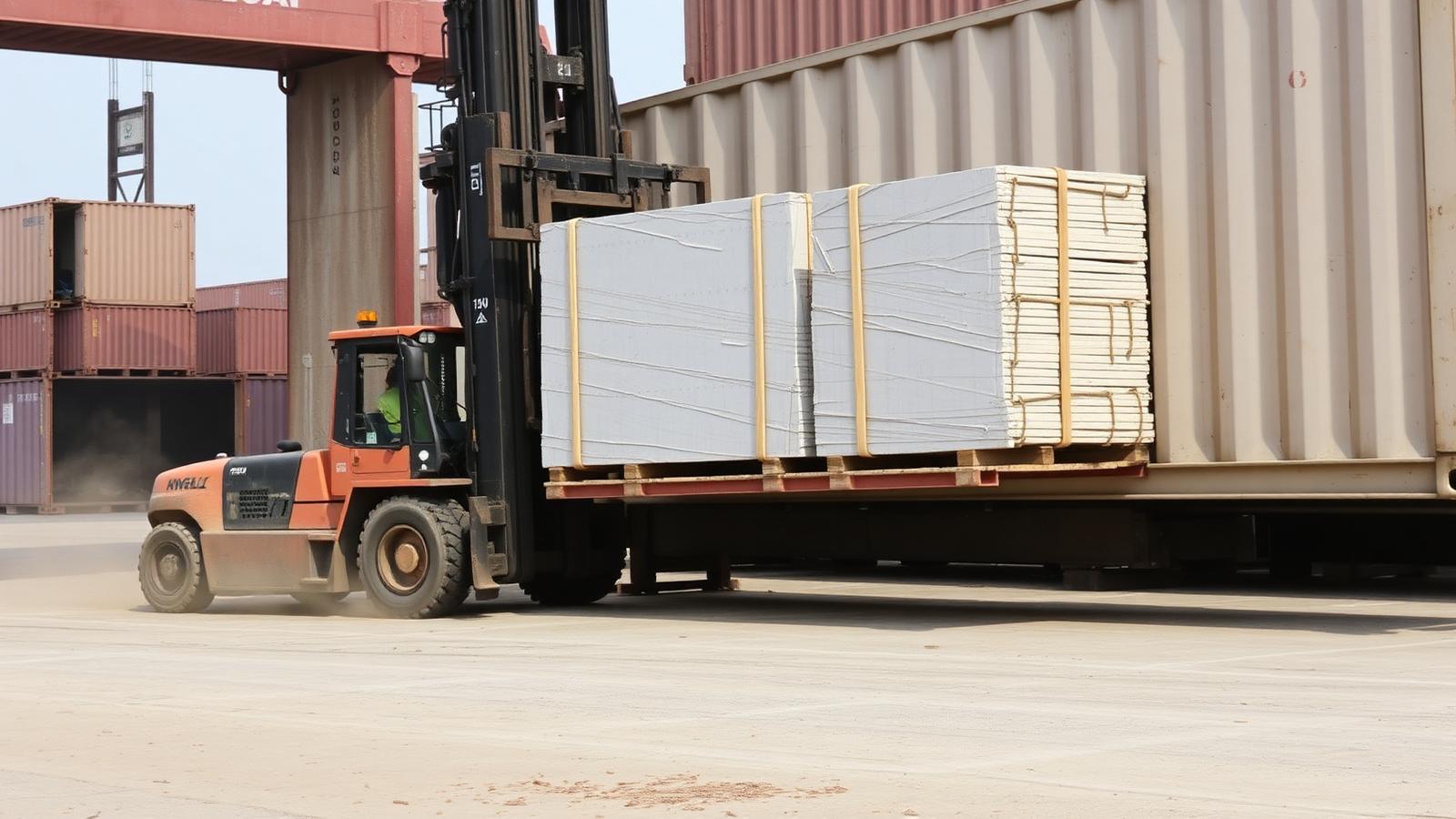 Crates of finished limestone slabs being loaded into a shipping container by forklift