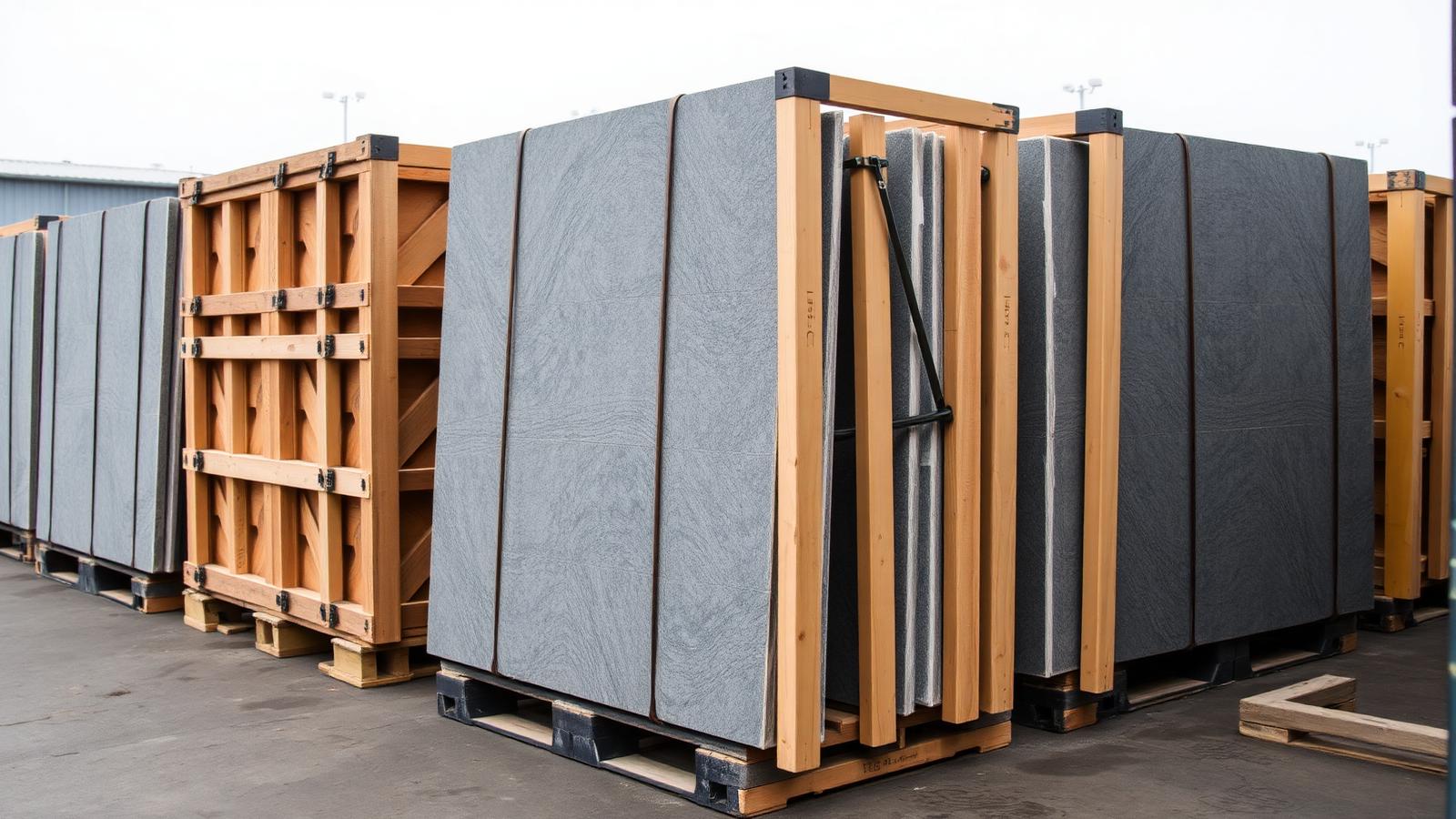 Timber export crates loaded with grey limestone slabs stood on edge with steel strapping