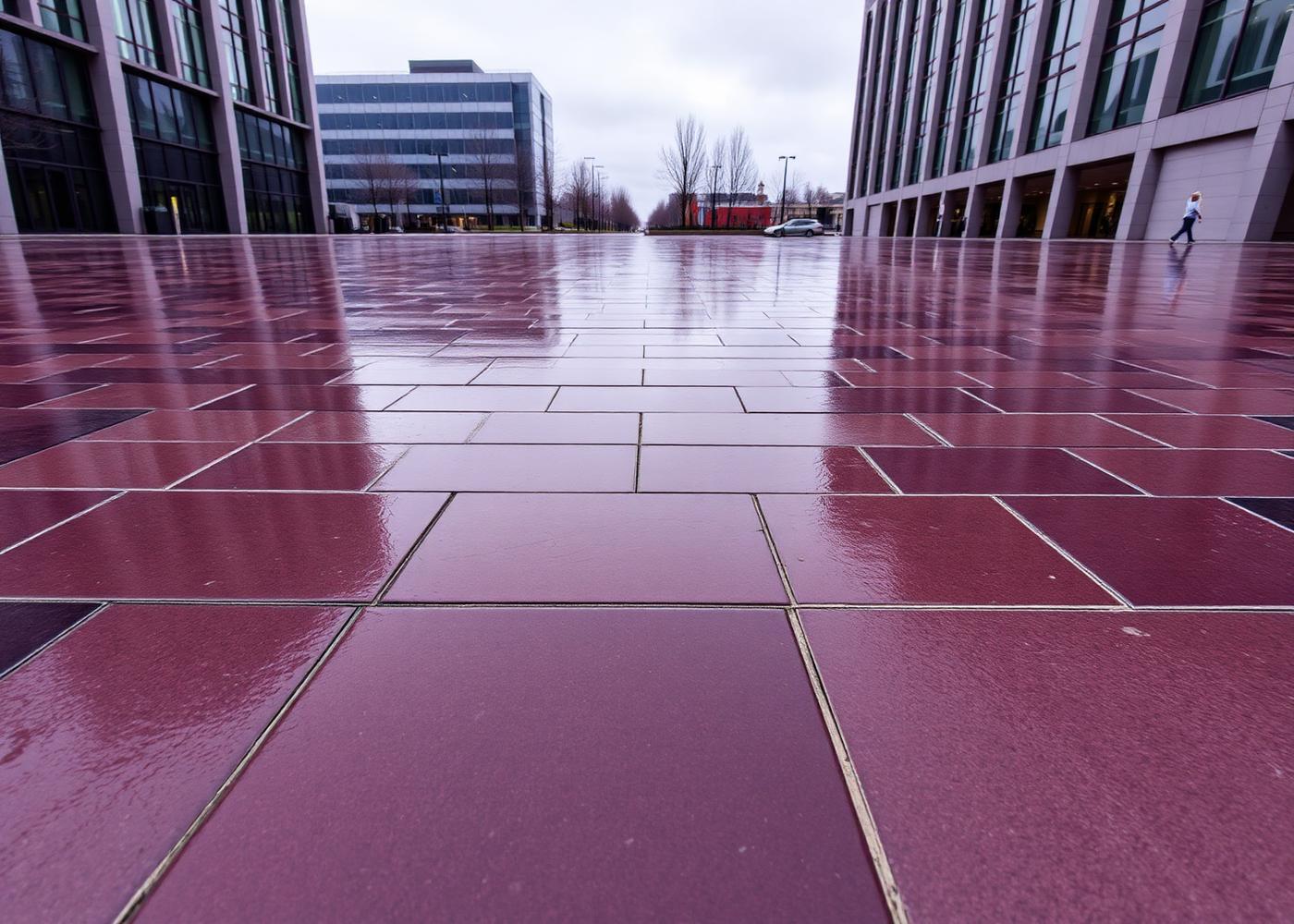 Shahabad Maroon limestone paving in a civic plaza, wet after rain