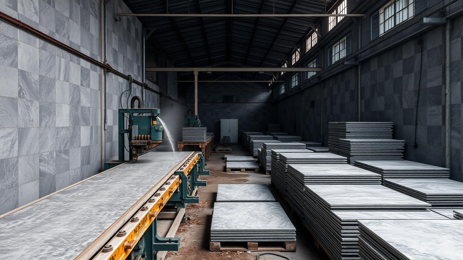 Interior of the polishing yard with calibrating lines and stacked finished limestone tiles
