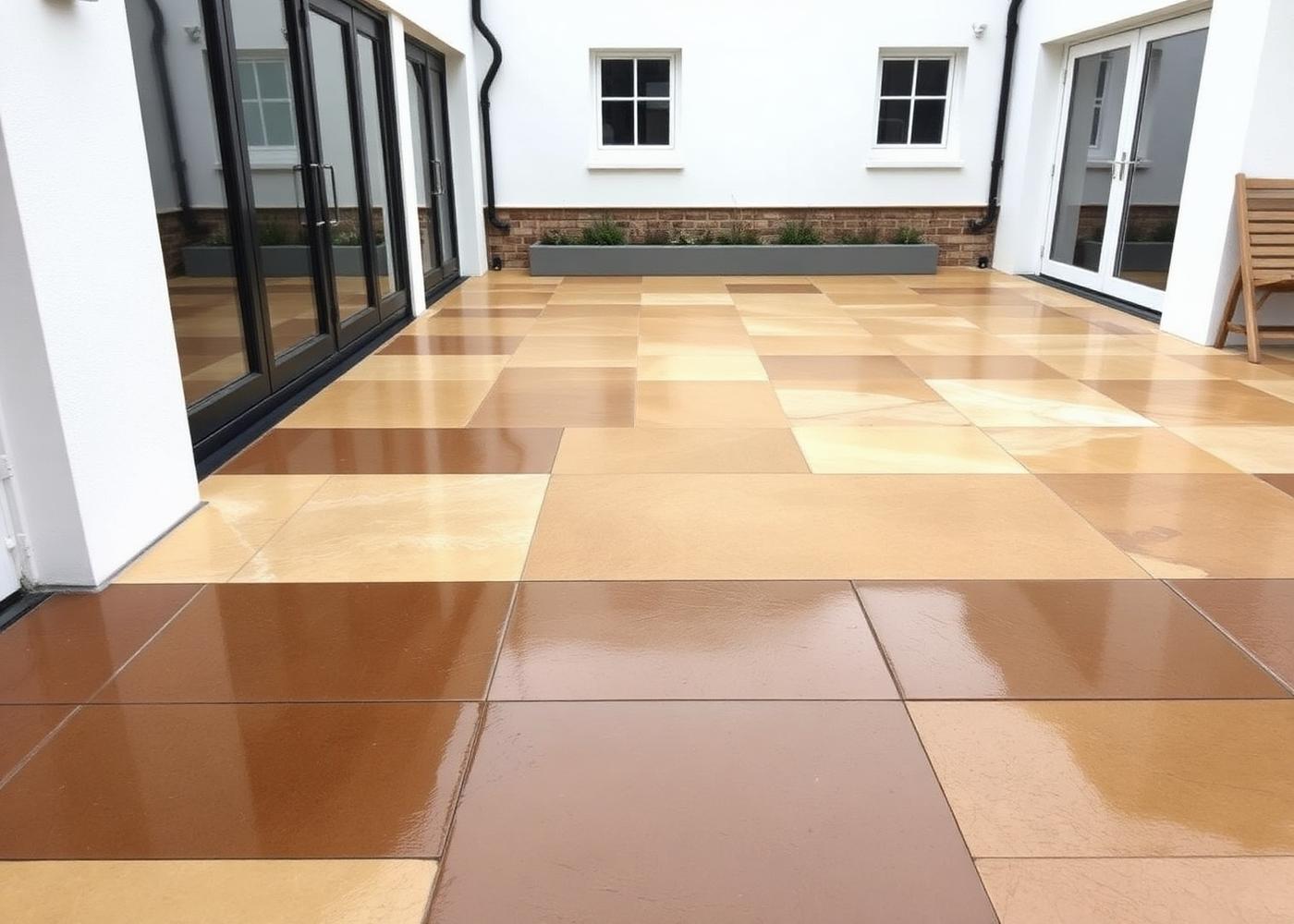 Shahabad Yellow limestone paving on a courtyard terrace, part wet and part dry